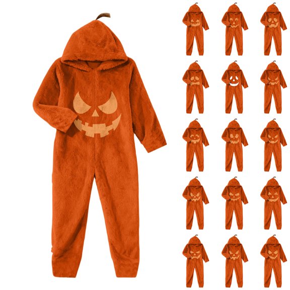 Axiiglly Halloween Jumpsuits for Women Flannel Long Sleeve Hooded Pumpkin Print Loungewear Casual Loose Party Jumpsuits S-2XL