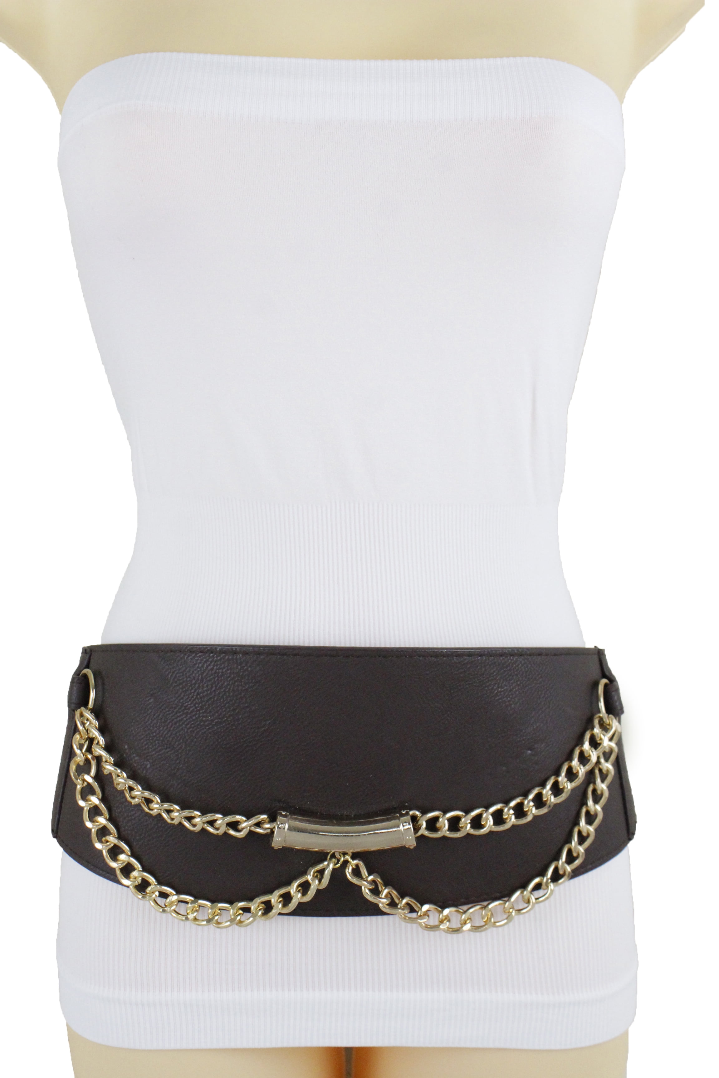 New Women Dark Brown Faux Leather Wide Elastic Fashion Belt Gold Metal Chain Size S M