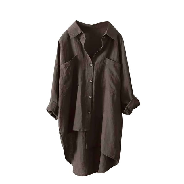 Chemises à Boutons pour Femmes Manches Longues Retroussables Ourlet Haut-Bas Blouse Décontractée