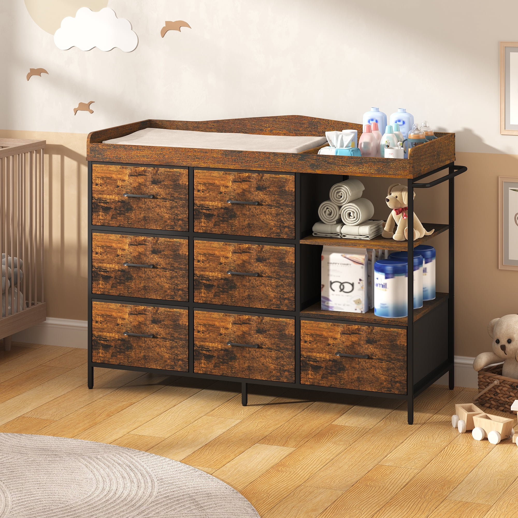 ANPOO Baby Changing Table Dresser with 7 Fabric Drawers Changing Top & Open Shelves Nursery Storage Organizer Brown