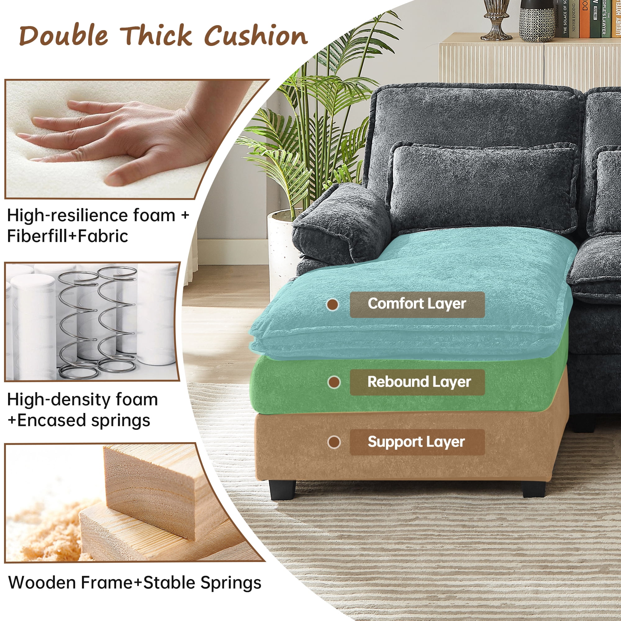 Pingliang Home Oversized Sectional Sofa U Shaped Couch 4 Seat with 4 Waist Pillows,Chenille Upholstery Symmetrical Sleeper Sofa Cloud Couch with Double Chaise Lounge for Living Room Apartment Office