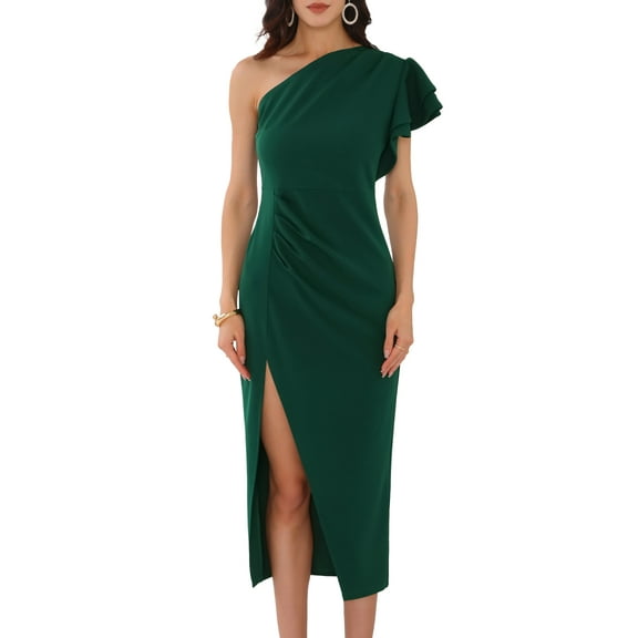 DARING DIVA One Shoulder Ruffle Ruched Split Hem Prom Midi Dress S Dark Green