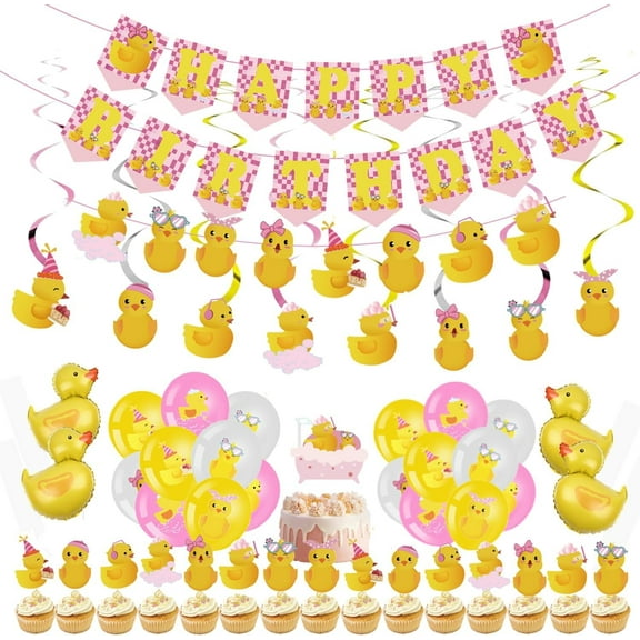 77Pcs Pink Ducky Party Decorations Cute Duck Birthday Party Accessory Include Hanging Banner Hanging Swirls Latex Balloons Cupcake Topper for Birthday Duck Themed Party Supplies