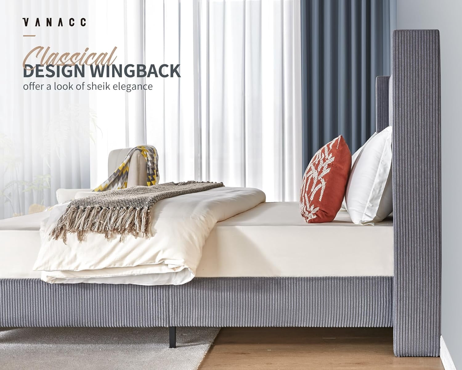 VanAcc King Size Platform Bed Frame, 50.8" Corduroy Upholstered Bed with Vertical Channel Tufted Headboard/Wooden Slats/Wingback, Grey