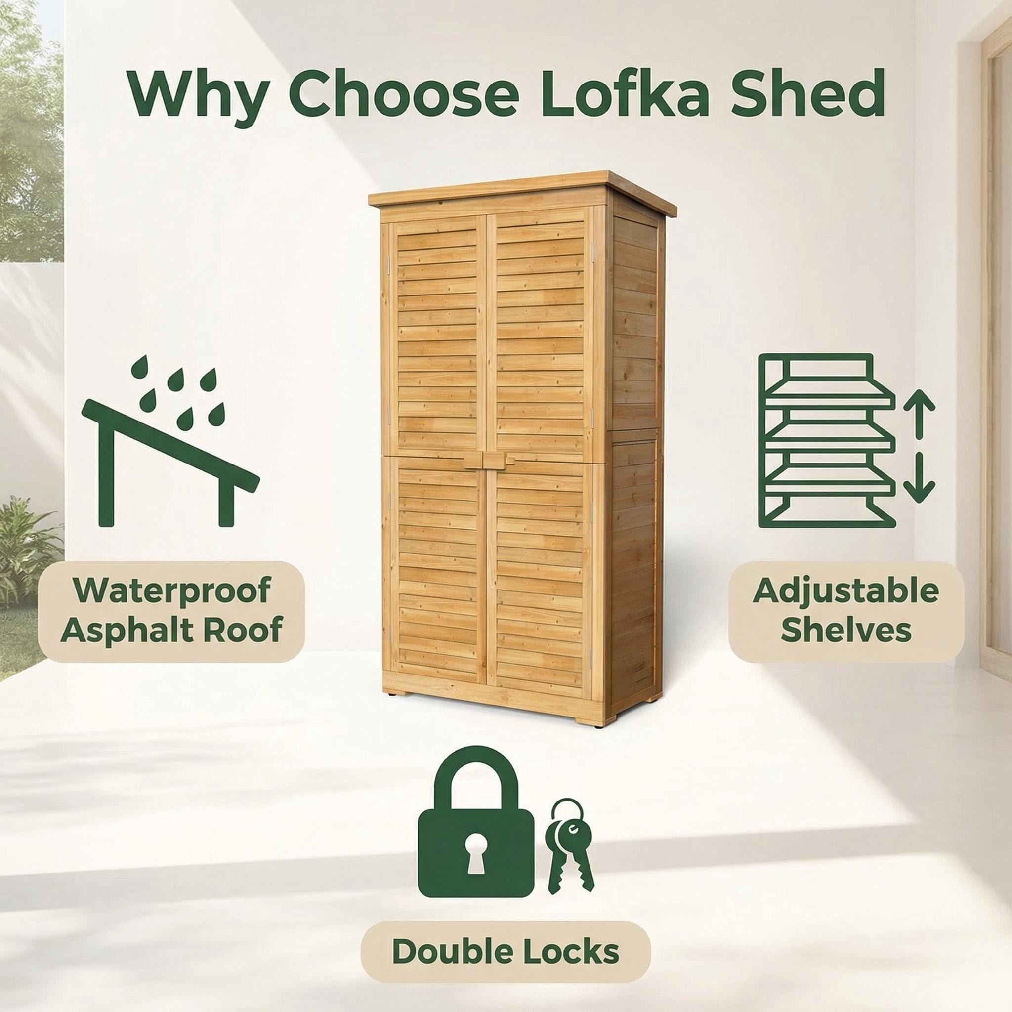 63.2" Outdoor Storage Cabinet, Lofka  Lockable Doors Garden shed with Adjustable Shelves| Asphalt Roof| Ventilate Shutter, Wood Shed with Large Storage Space, Waterproof Roof for Garden, Natural