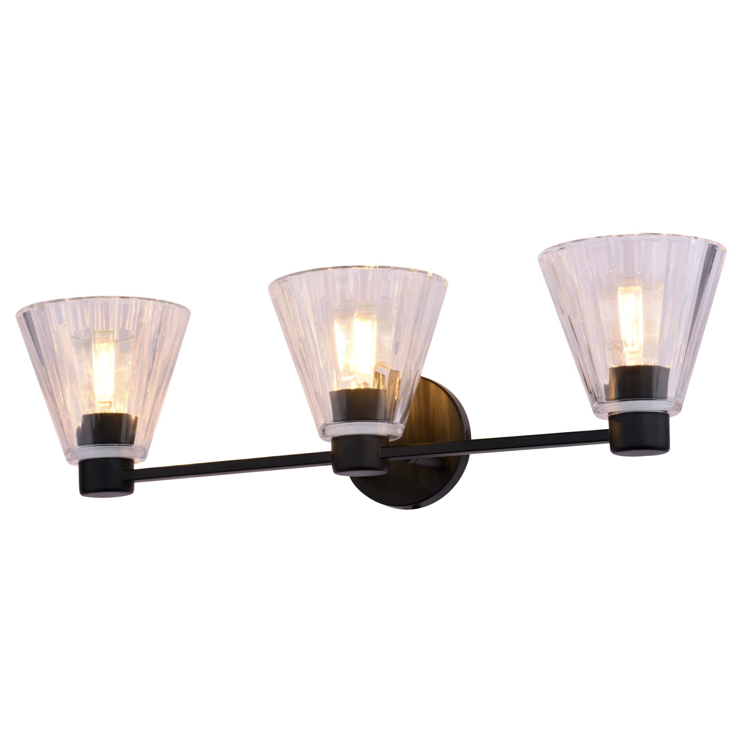 Dalton 3-Light 25.5 in. Wide Matte Black Transitional Bathroom Vanity Lighting Fixture, Clear Ribbed Cone Glass Shade, Dimmable, LED Compatible, Over the Mirror Mounted Steel Wall Sconce