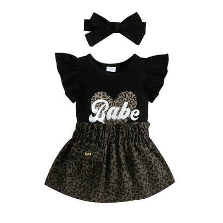 

SAYOO Baby Girls Summer Jumpsuit Set Letter Print Ruffled Rompers and Leopard Skirt and Headband