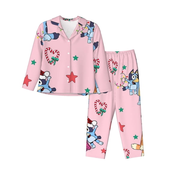 Silaia Bluey Print Women 2 Piece Pajama Set,Button Down Long Sleeve Sleepwear,Pjs Loungewear Sleepwear,Pj Lounge Sets-X-Large