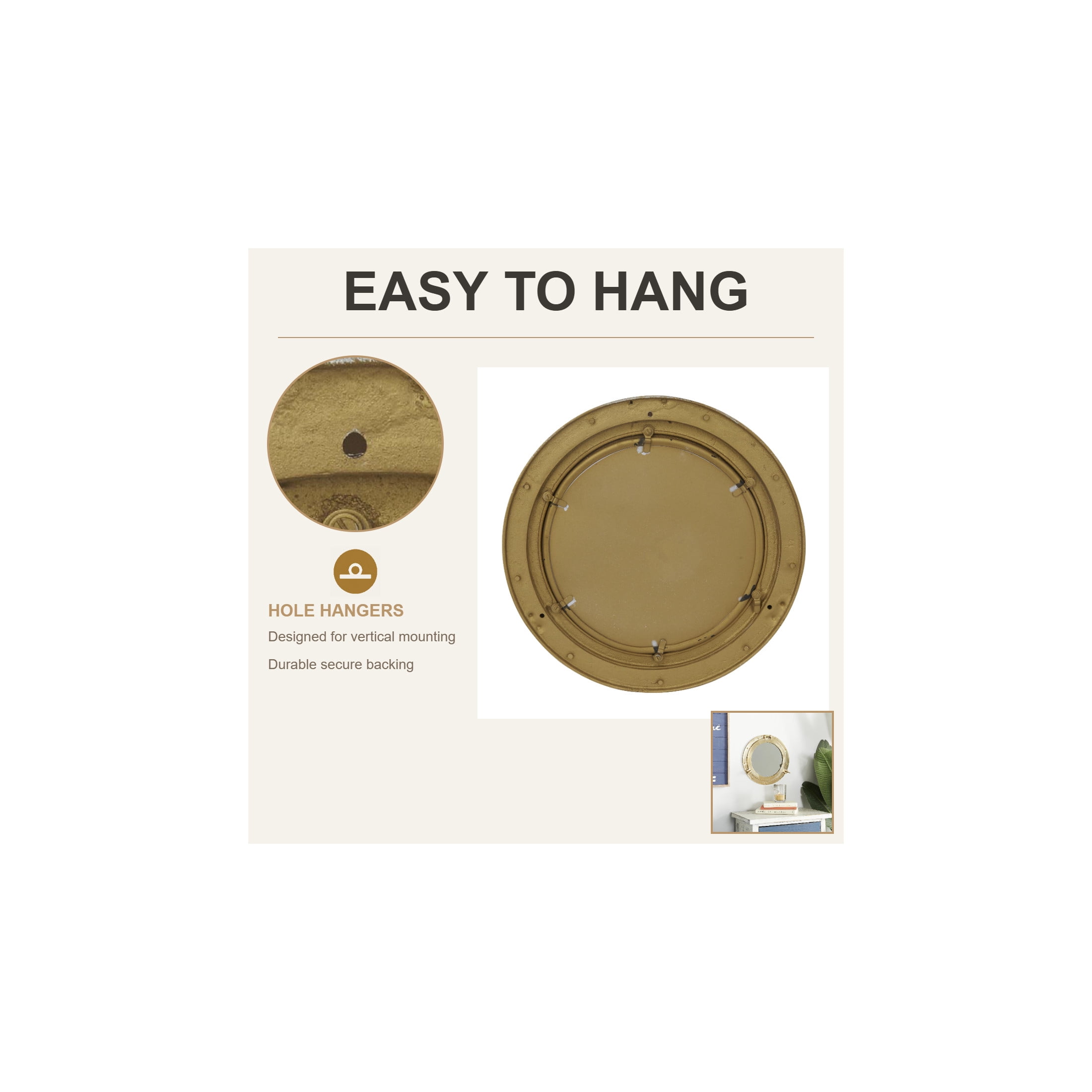 DecMode 12" x 12" Gold Sail Boat Wall Mirror with Port Hole Details