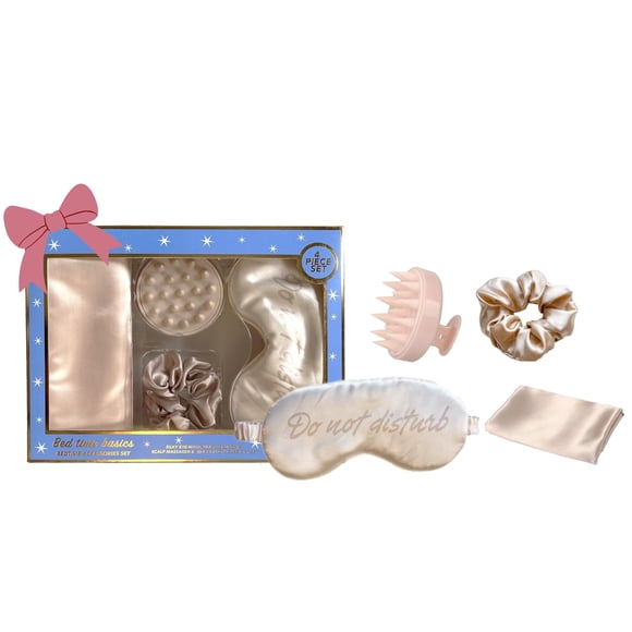 Holler & Glow Bedtime Basics - Juego de accesorios básicos para dormir, edición limitada, antifaz para dormir, coletero de seda, masajeador para el crecimiento del cabello, cuero cabelludo, funda de a