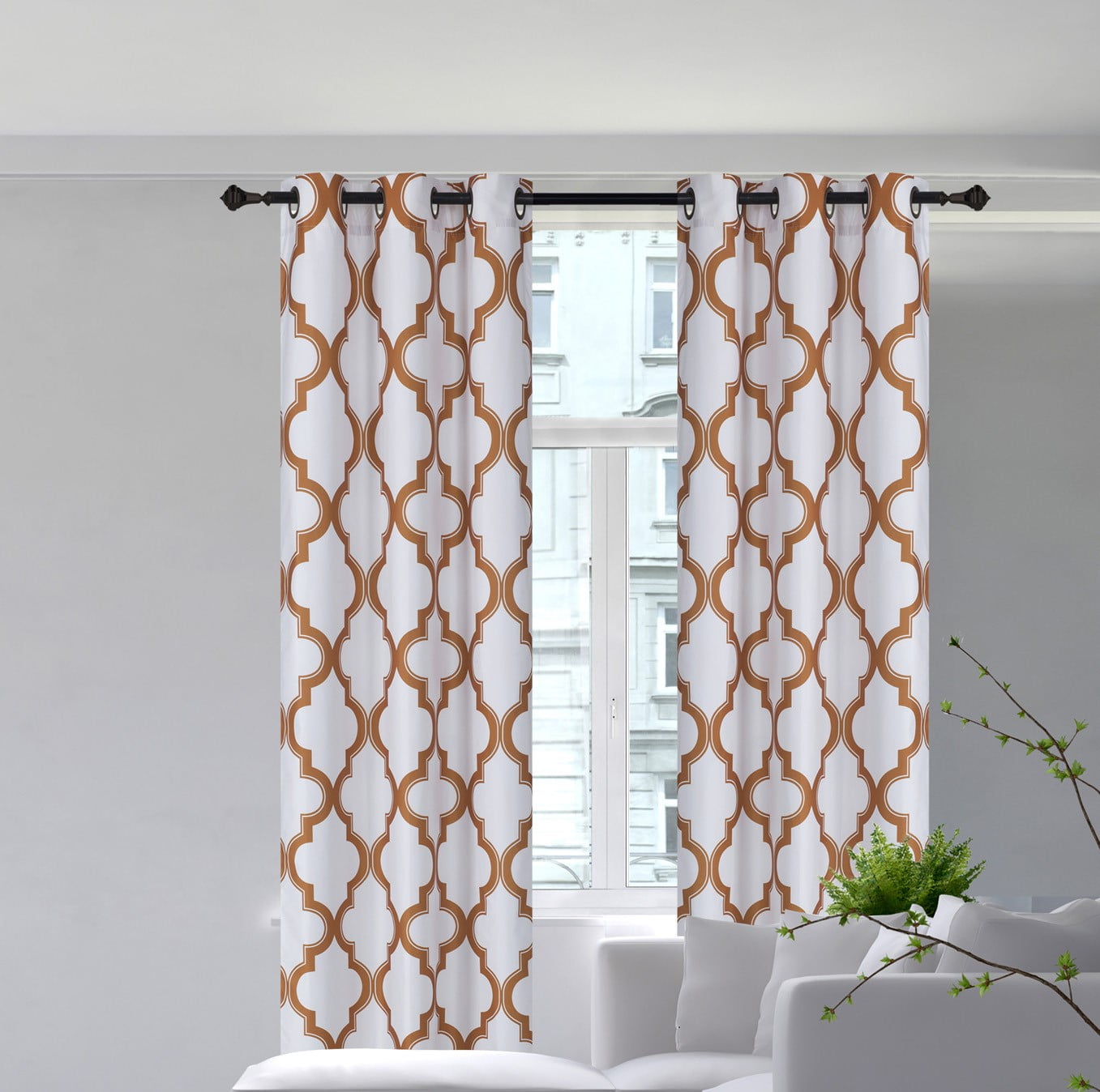2Piece 7LO orange Geometric Blackout Lined Grommet Window Curtain Set, Two (2) Printed Thermal