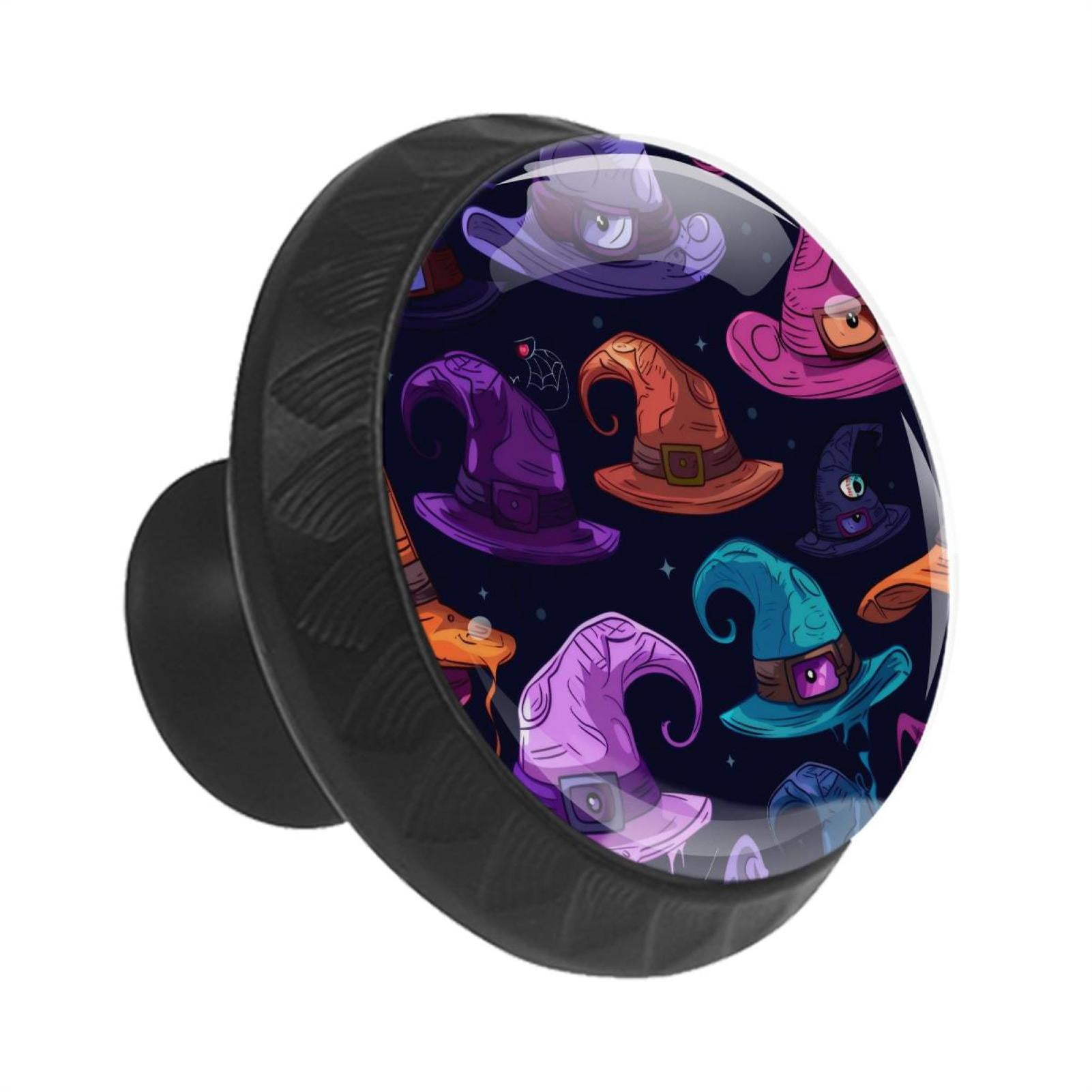 Halloween Witch Hats Pattern 35MM Round Glass Cabinet Knobs, Kitchen Knobs for Drawer Dresser Cupboard Wardrobe Modern Pulls Handles Hardware, Set of 12
