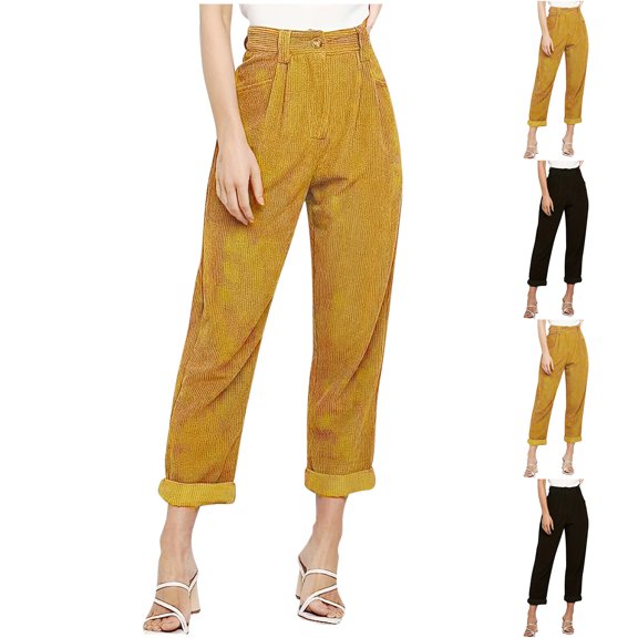 Women's Corduroy High Waist Wide Leg Loose Casual Pants, Tummy Control Straight Leg Trousers with Functional Pockets, Comfortable Stretchy Elastic Waist for Work, | TruBelle,Black L