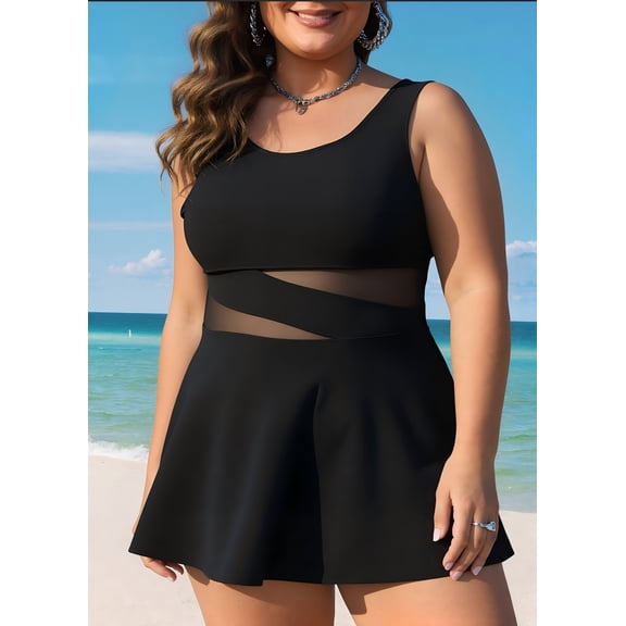 Women's Plus Size One Piece Swimdress, Mesh Cutout Waist Skirted Bathing Suit