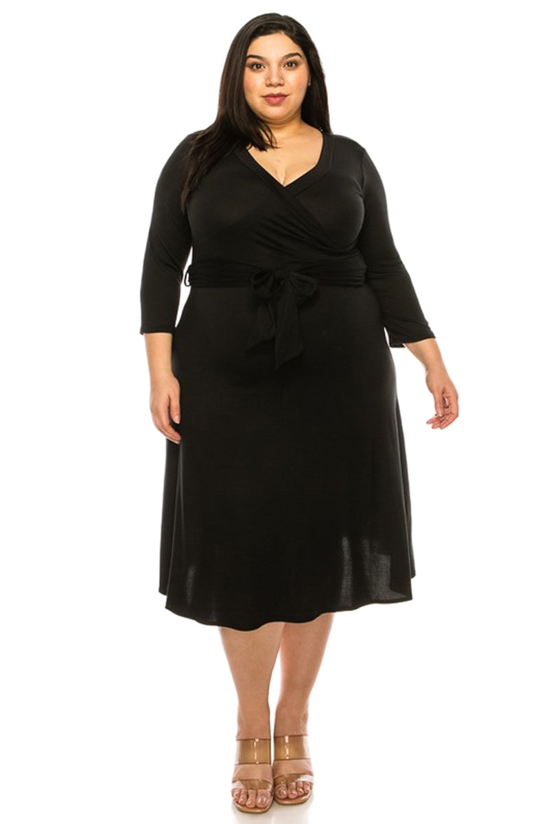 FAUX-WRAP CHIFFON DRESS WITH BLACK Sash Ivory Plus Size main image 1