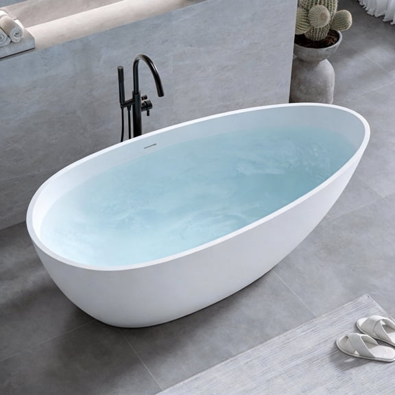 LIGMIRR 59" Stone Resin Freestanding Bathtub, Egg Shape Solid Surface Bathroom Stand Alone Tubs with with Overflow and Pop-up Drain, Matte White