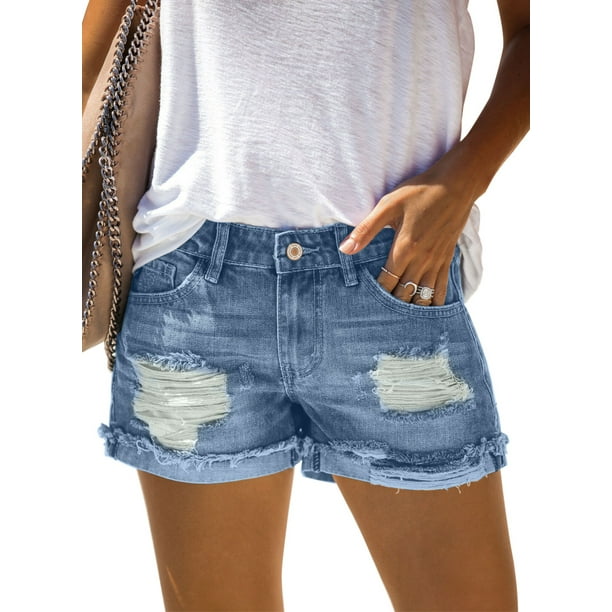 Dokotoo Dokotoo Women S Summer Blue Denim Shorts Mid Waist Jeans Shorts With Pockets Size Large Us 12 14 Walmart Com Walmart Com