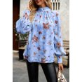 thumbnail image 2 of High Neck Multi-Floral Pattern Bishop Sleeve Blouse for Women Blue Medium, 2 of 5