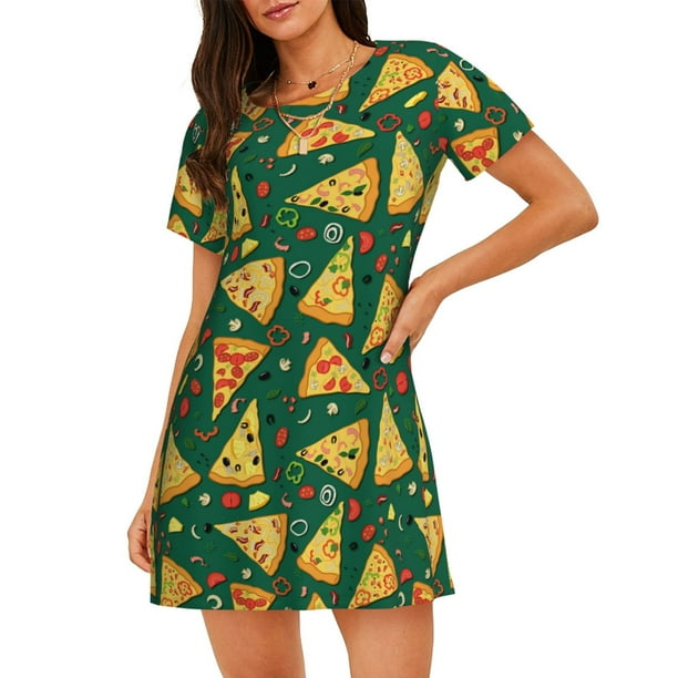Fotbe Pizza Bata de Dormir para Mujer con Estampado, Camisón de Algodón de Manga Corta, Ropa de Dormir Casual