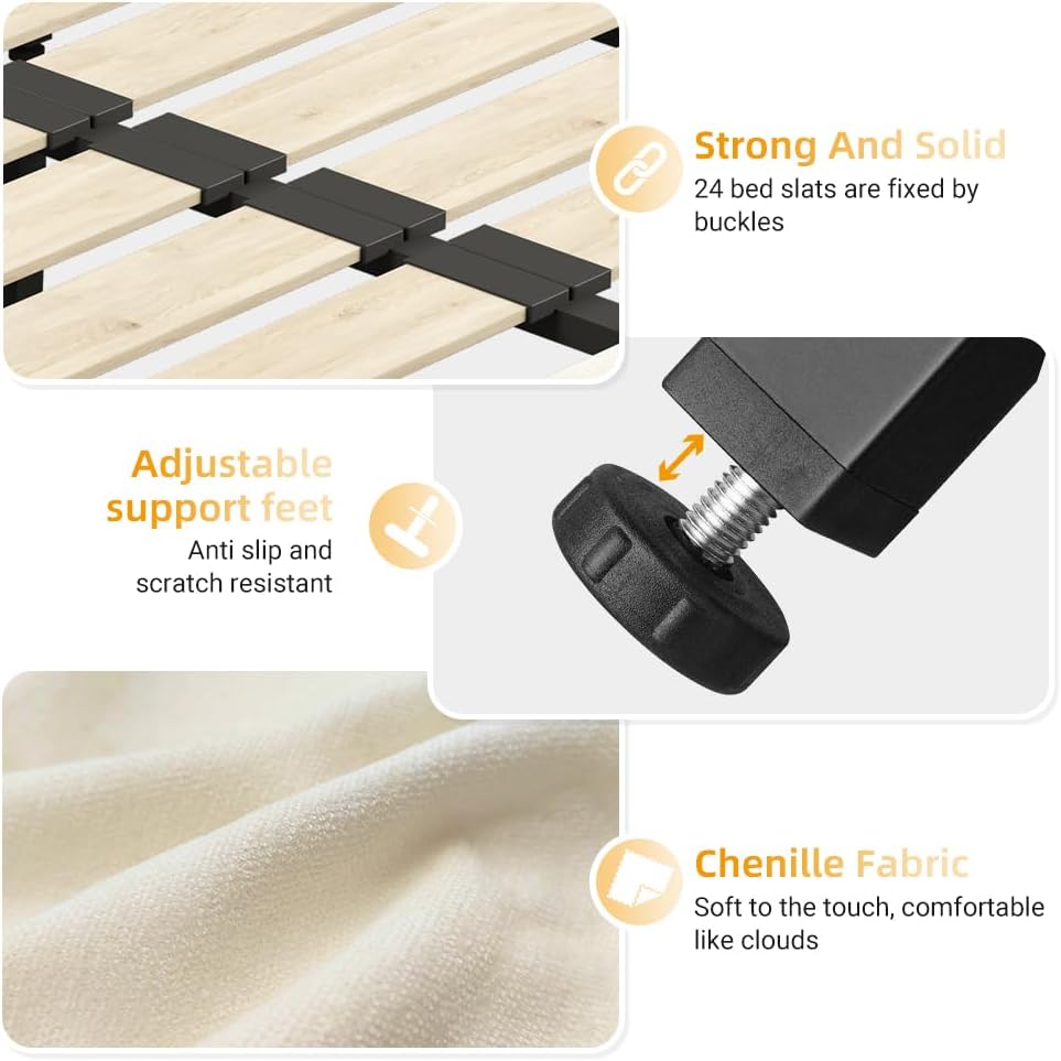 Queen Size Platform Bed Frame, Upholstered Chenille Tufted Headboard, Heavy Duty Metal, Wood Slat Support, Mattress Foundation, No Box Spring Needed, Noise-Free, Easy Assembly, Bedroom, Beige