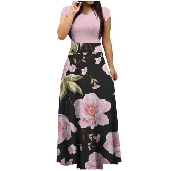 TIANEK Formal Dresses for Women Short Sleeve Floral Maxi Formal Dress Patchwork Long Dresses for Women 2024