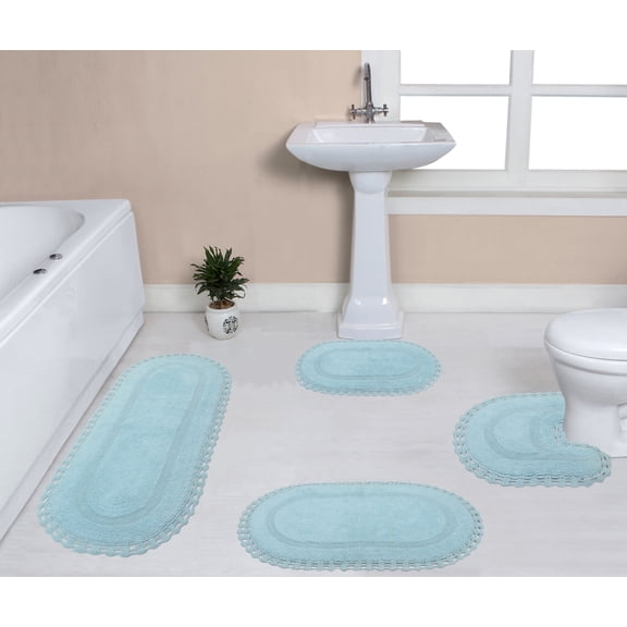 Home Weavers Hampton Crochet Bath Mat 100% Cotton Reversible Bathroom Rug Set Machine Washable Bathroom Rug, Bath Rug, U Shaped Contour, Runner, Aqua Color 4 Piece Bath Rug set