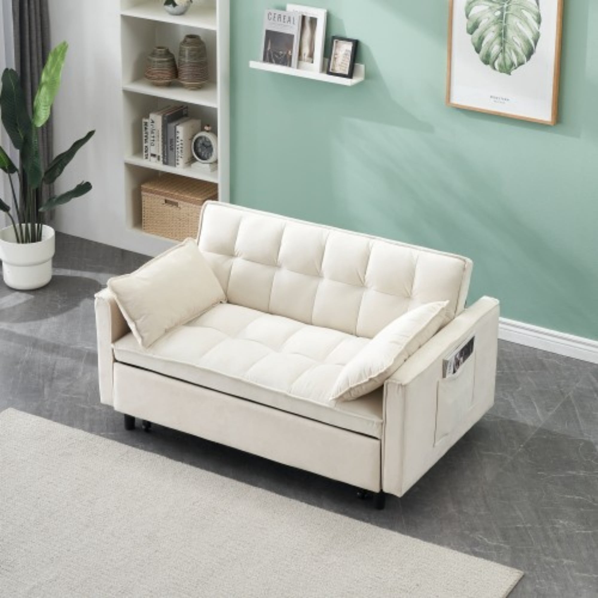 Velvet Loveseat Sofa Bed, 3-in-1 Convertible Sleeper Couch with Pullout Bed & Reclining Backrest, Beige