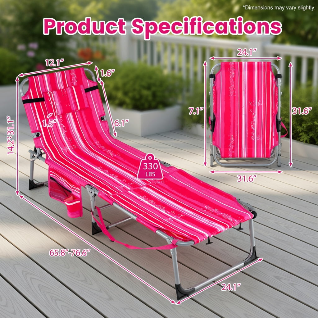 Hommoo Portable Folding Tanning Chair with Face Hole & Adjustable Backrest, Lightweight Sunbathing Lounger for Beach, Pool, Lawn, Pink Stripe