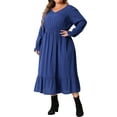 thumbnail image 4 of Vestido largo casual elegante de manga larga con cintura alta y dobladillo con volantes para mujeres de tallas grandes Agnes Orinda con bolsillos 3X azul real, 4 of 6