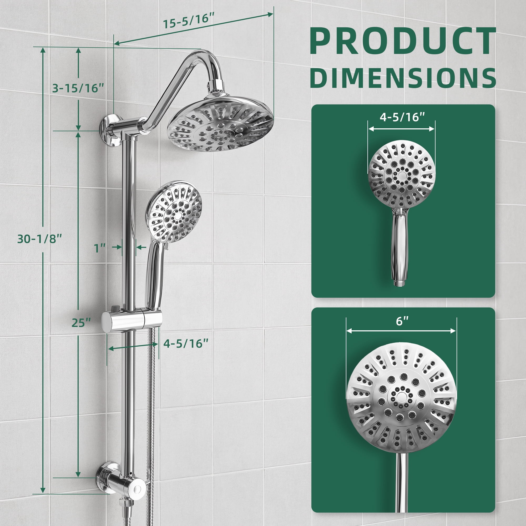 Akicon High Pressure Rain Shower Head with Handheld Spray Combo, Dual Shower Head with 6 Spray Modes, Rainfall Showerhead System with Adjustable Height Slide Bar for Bathroom, 3-Way Diverter