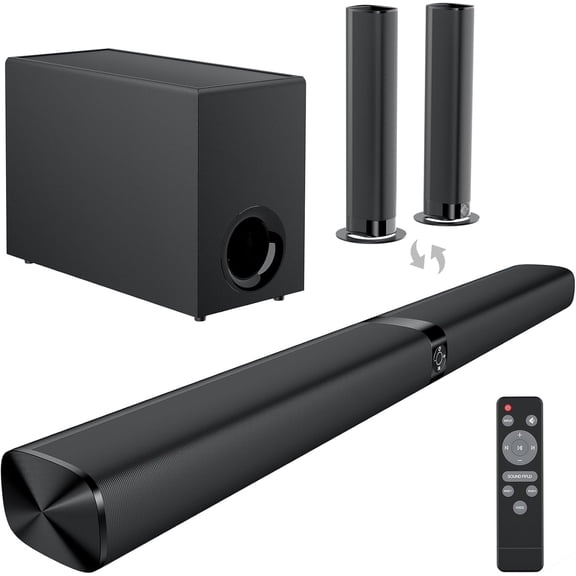 Sound Bar for Smart TV, 110W Sound Bar with Subwoofer, Bluetooth Soundbar for TV with Deep Bass & Volume Boost & 3 Equalizer Modes, ARC/Opt/AUX, 2 in 1 Detachable TV Sound Bar, Black