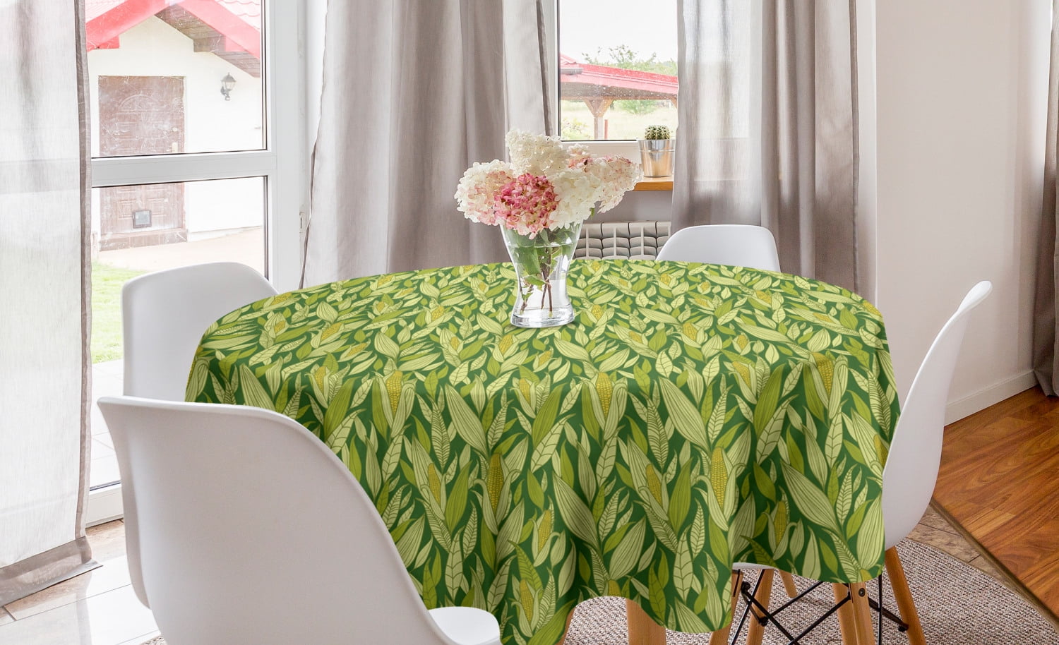 Garden Round Tablecloth, Corn Plants Field with Leaves Agricultural