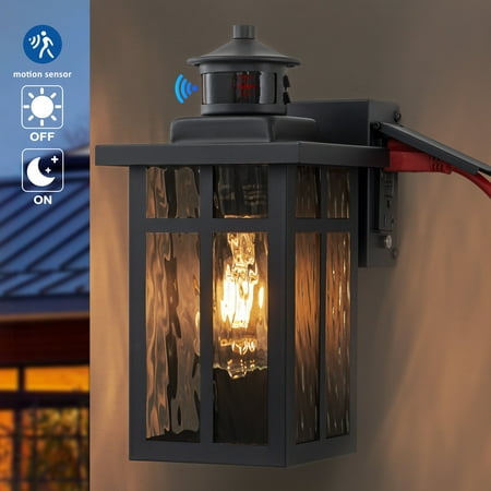 C Cattleya 11.75in Black Motion Sensor Dusk to Dawn Outdoor Wall Lantern with Water Glass and GFCI Outlet