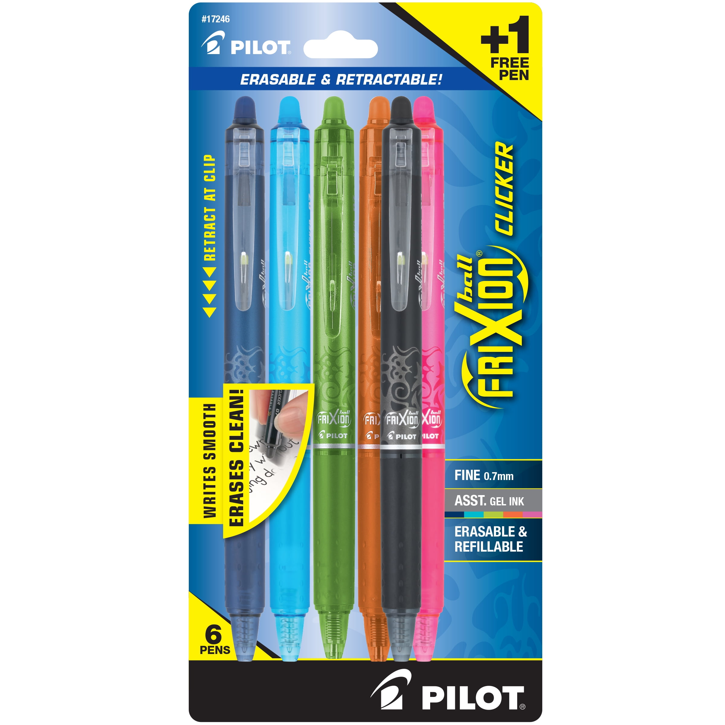 Pilot FriXion Clicker Gel Ink Pens, Fine Point, Assorted, 5 Count with Bonus