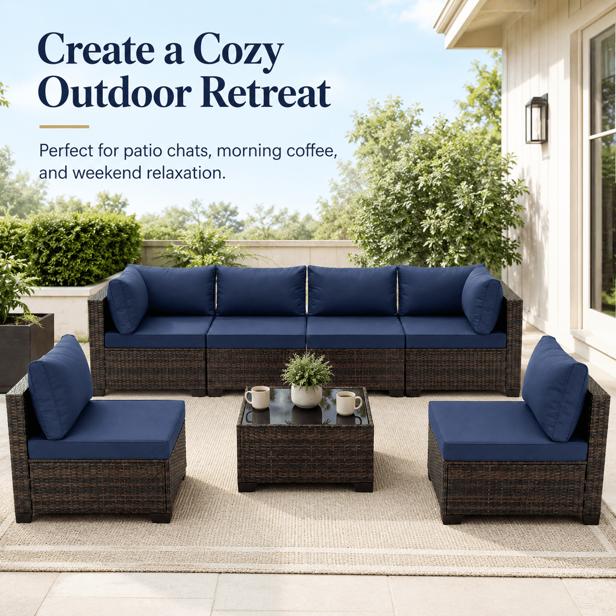 Patio Furniture Set on Sale, 7 Piece Luxurious Rattan Outdoor Sectional Set, All-Weather Wicker Porch Patio Couch w/Coffee Table, Thick Cushion Outdoor Sofa, Brown