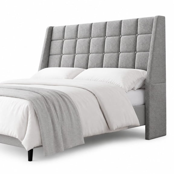 Queen Size Wingback Headboard with Charging Station, Light Grey Linen Upholstered, 2 Storage Pockets, 2 Bed Frame Adapters, Sturdy Stable