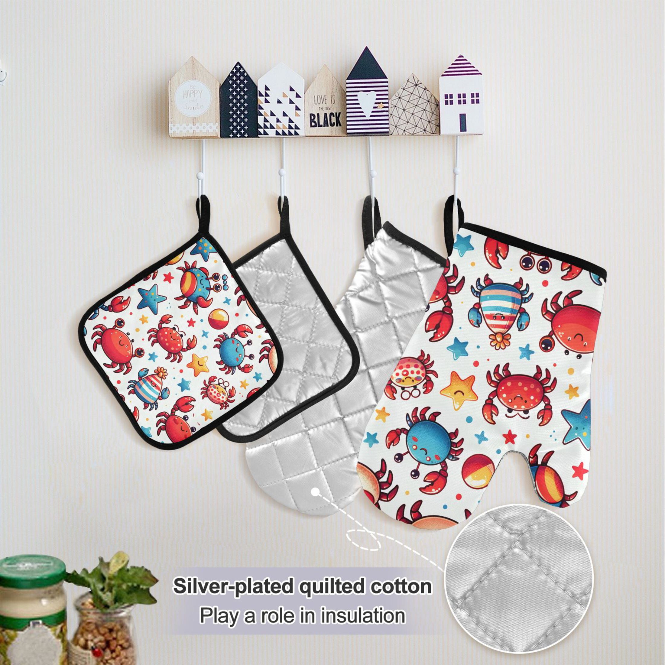 Cute Crabs with Starfish 5 Pcs Kitchen Set Heat Resistant Oven Mitts and Non-Slip Pot Holders with Adjustable Cooking Apron