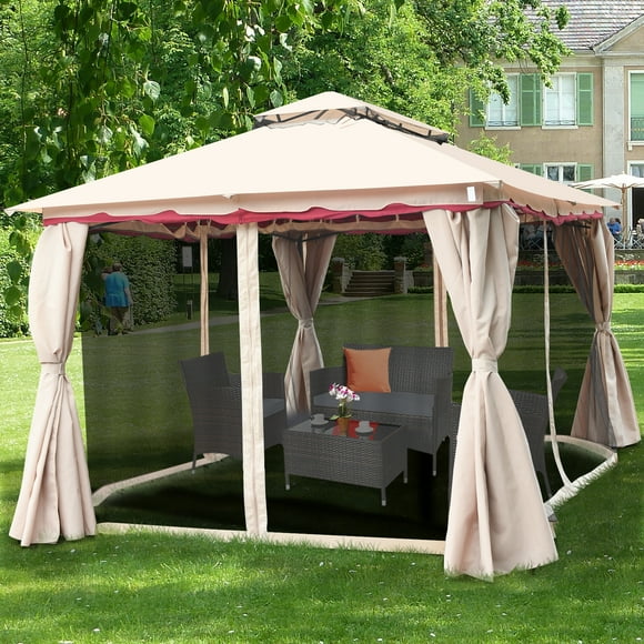 Topbuy 13'x10' Outdoor Canopy Gazebo Art Steel Frame 2-Tiers Party Patio Large Canopy Gazebo W/Netting&Side Walls