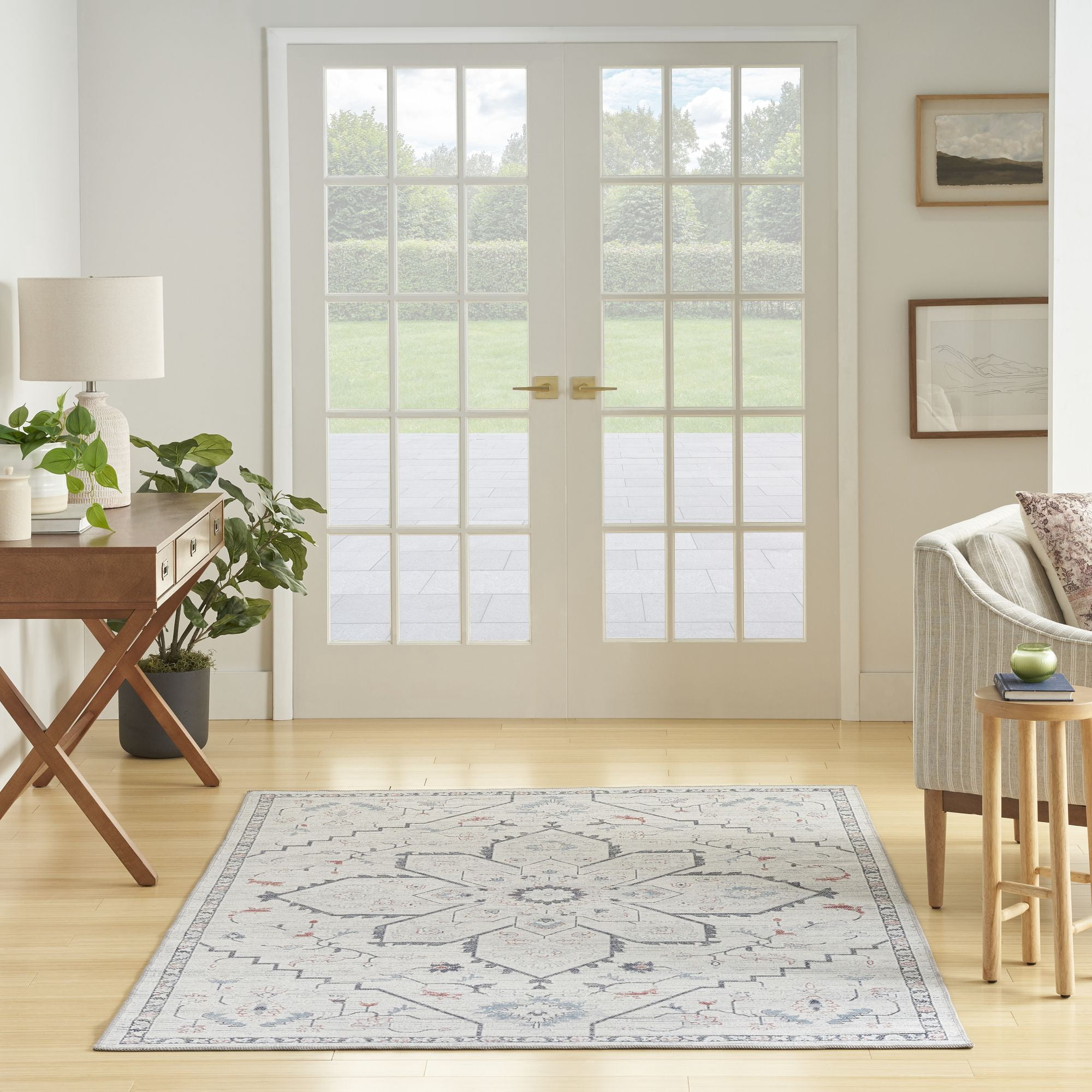Nourison New Concept Washables 6' x 9' Ivory Blue Farmhouse Indoor Non-Slip Flatweave Rug