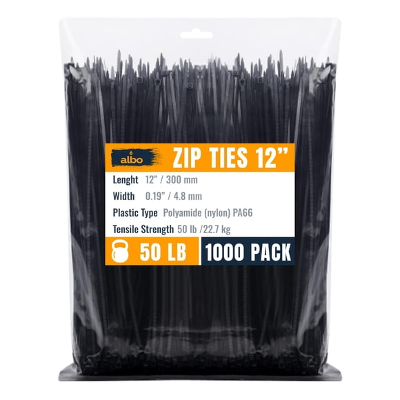 ALBO Attaches à Glissière Noires 12 Pouces Lot de 1000 Longues Attaches de Câble en Plastique Épaisses 0,19 Pouce Enveloppes de Cravate Robustes 50 lb Résistantes aux UV Ny