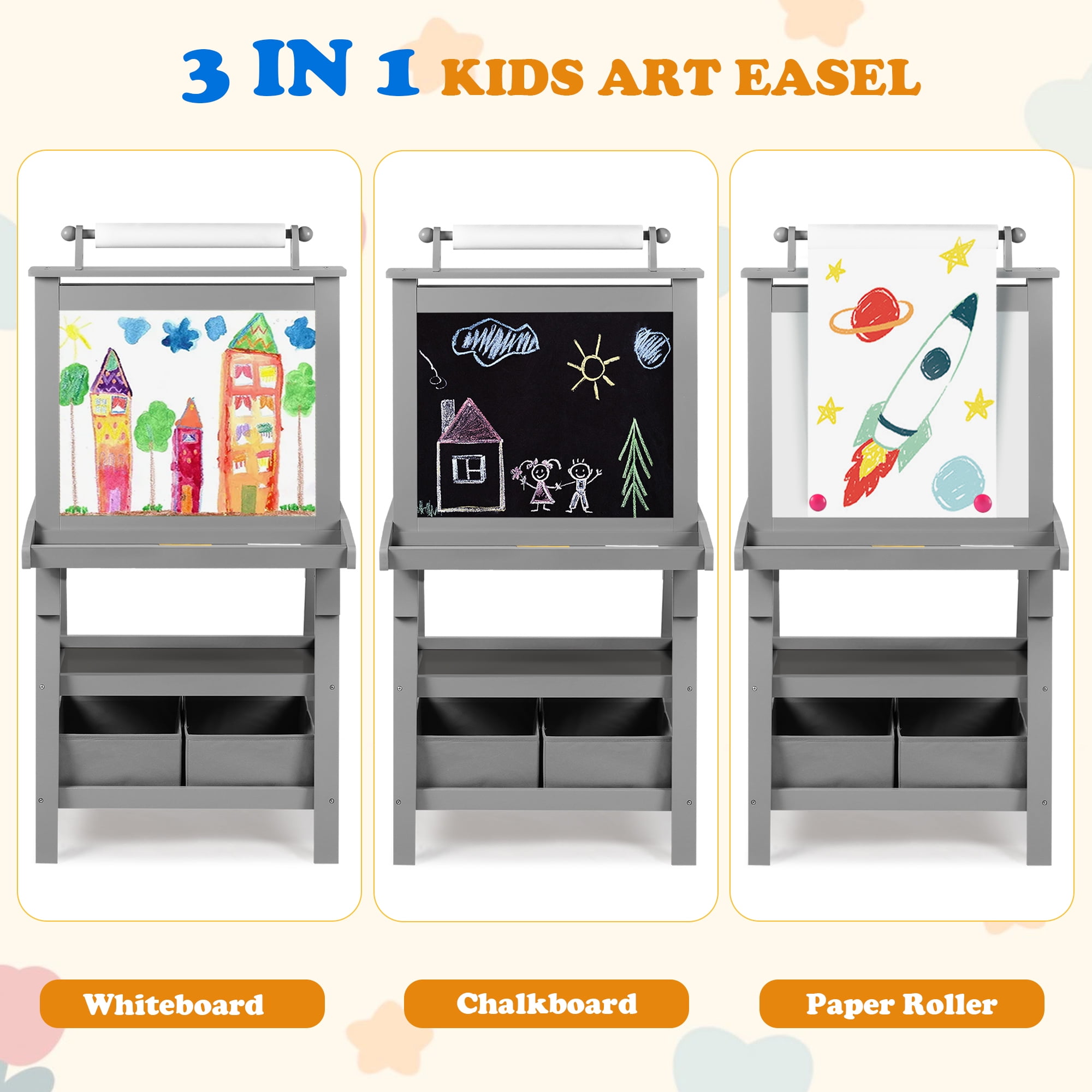 AILEEKISS 3 in 1 Kids Art Easel Double-Sided Magnetic Whiteboard Chalkboard with Paper Roller, Grey