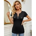 thumbnail image 2 of ZHENWEI Womens Short Sleeve Henley T Shirt Sexy Zipper V Neck Ribbed Knit Shirts Button Down Slim Fit Basic Summer Top, 2 of 9