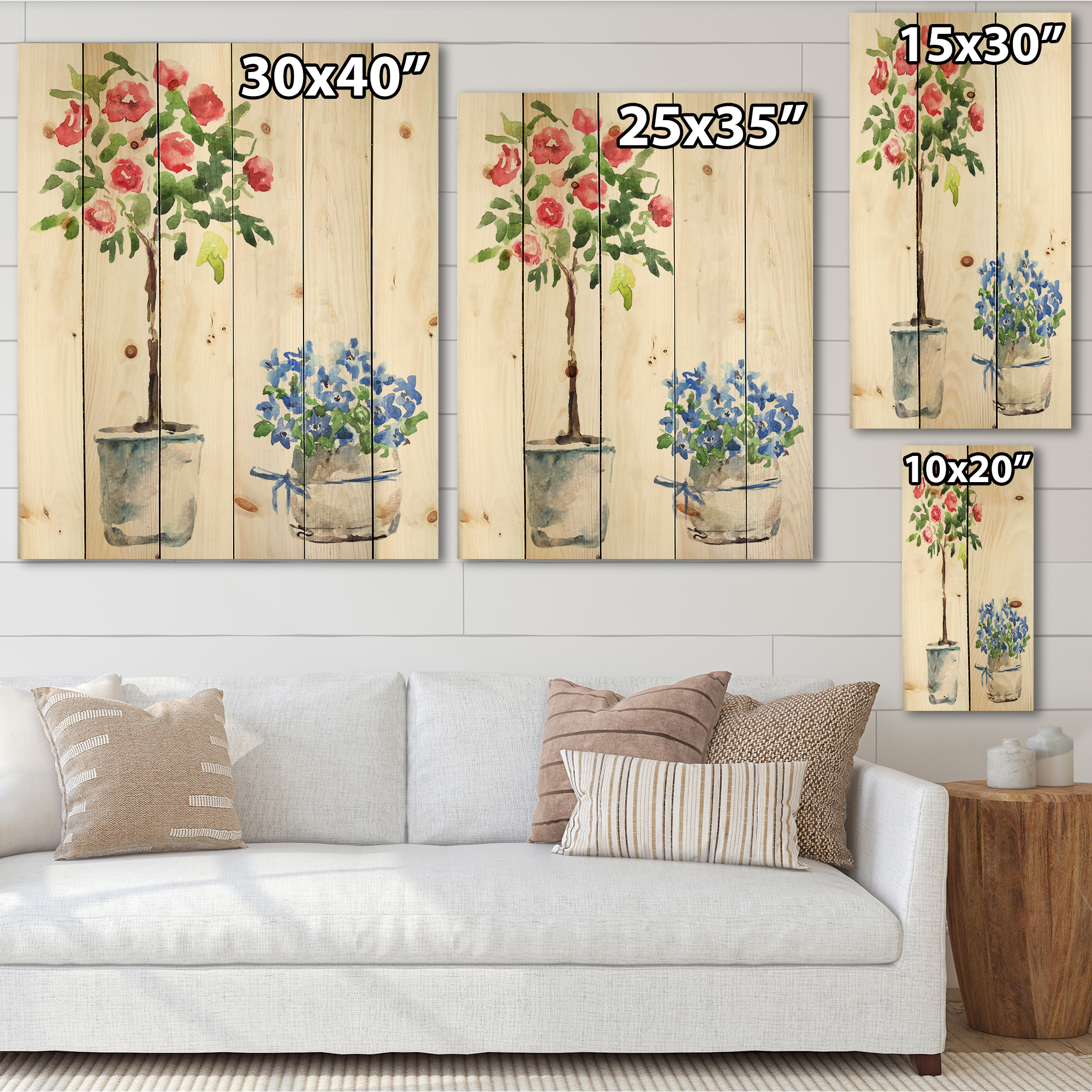 Designart 'Red and Blue Houseplants' Traditional Print on Natural Pine Wood