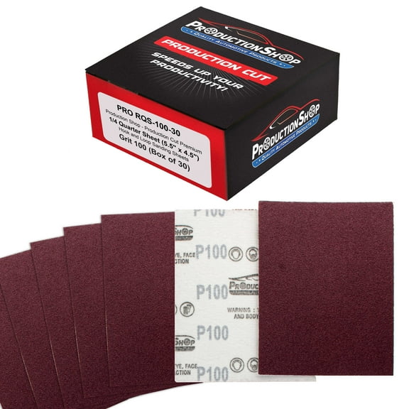 ProductionShop Red 100 Grit 1/4 Sheet Size Red Sanding Sheets, Box of 30 - Hook & Loop Backing Sandpaper, Coarse-Cut Abrasive - Fits Palm Sanders, Hand Sanding Blocks - Woodworking, Auto Paint
