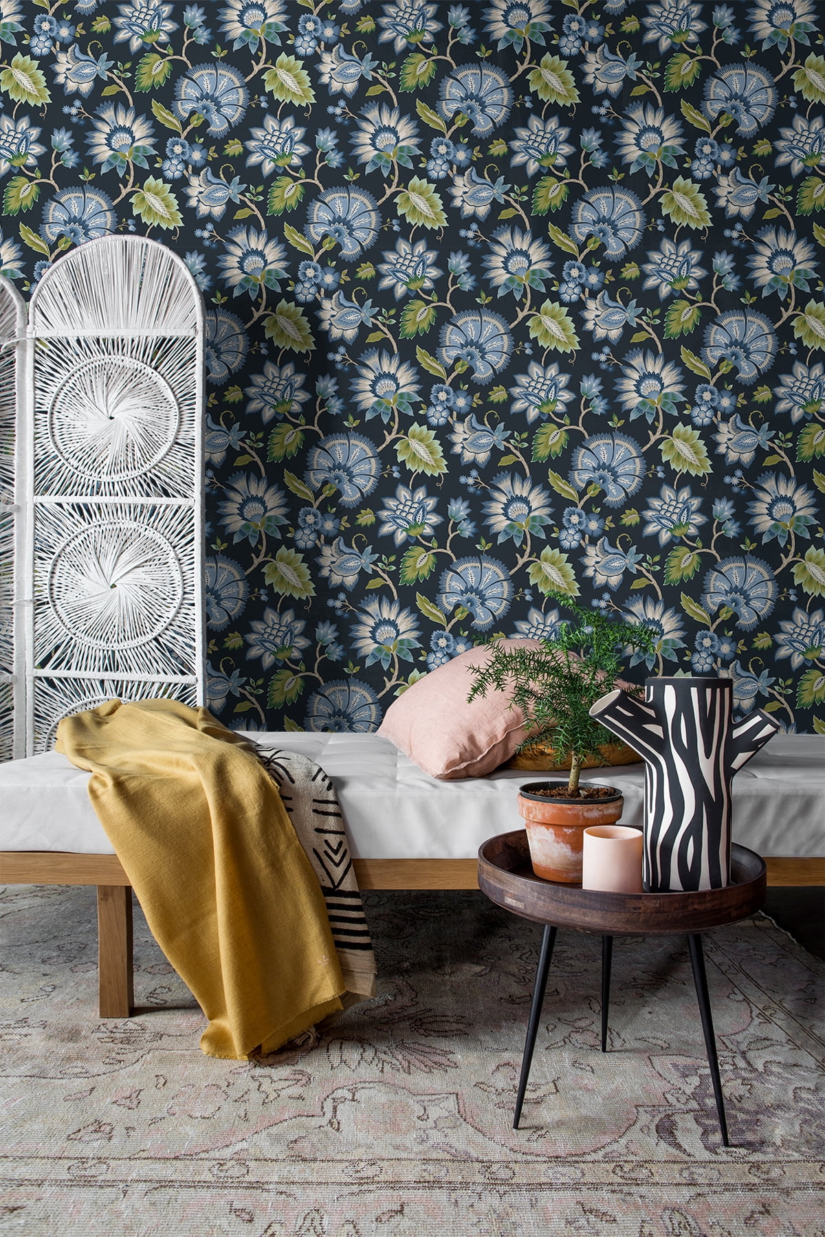 NextWall Midnight Blue Jacobean Blossom Floral Peel and Stick Wallpaper