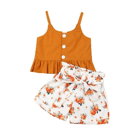 

Sunisery Newborn Baby Girls Summer Clothes Set Sleeveless Ruffle Camisole Floral Shorts Kids 2Pcs Outfits Orange 6-12 Months