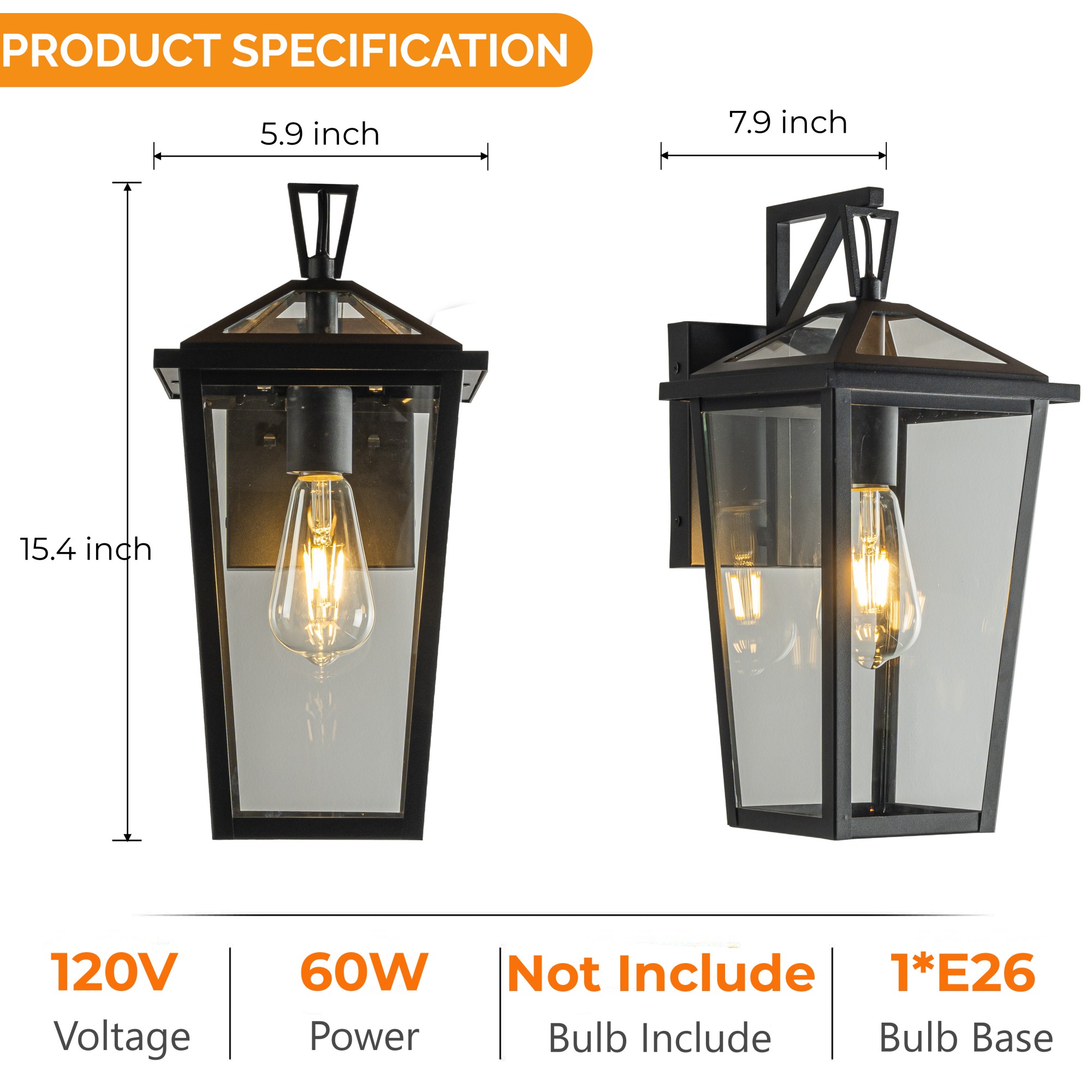 H15" 1 Light Modern Matte Black Outdoor Wall Lantern with Clear Tempered Glass Open Bottom Design Exterior Light Fixture for Entryway, Garage, Patio (Bulb Not Included)