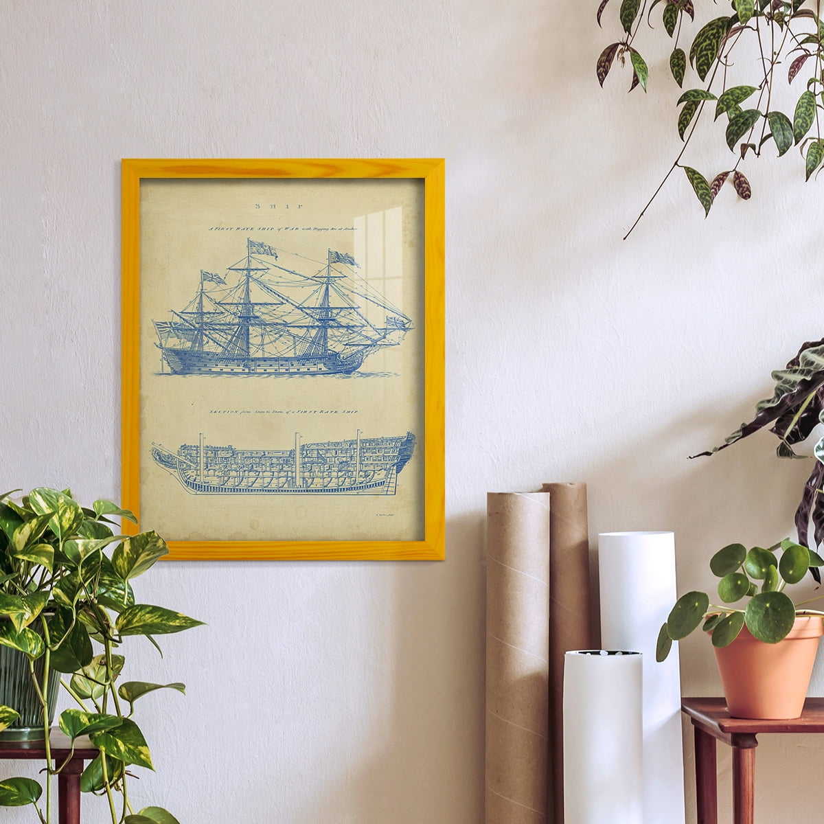 Vintage Ship Blueprint -Framed Print w/glass-Sunflower Yellow