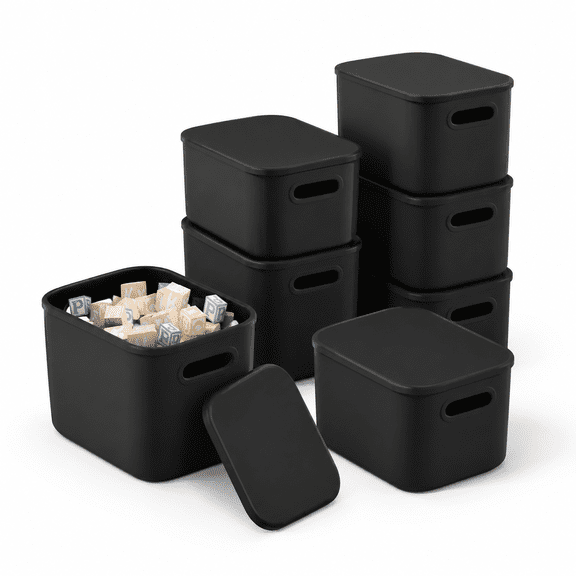 8 Pack Black Plastic Stackable Storage Bins with Lids and Handles