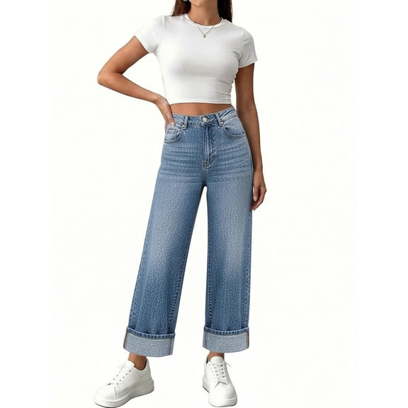 Vivianyo HD Women's High Waist Wide Leg Jeans, Cuffed Hem Denim Pants for Casual Wear, Women's Dark Blue, Sizes S-2XL